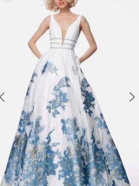 Jovani White Ball Gown with Blue Floral Appliqué size 14 nwt